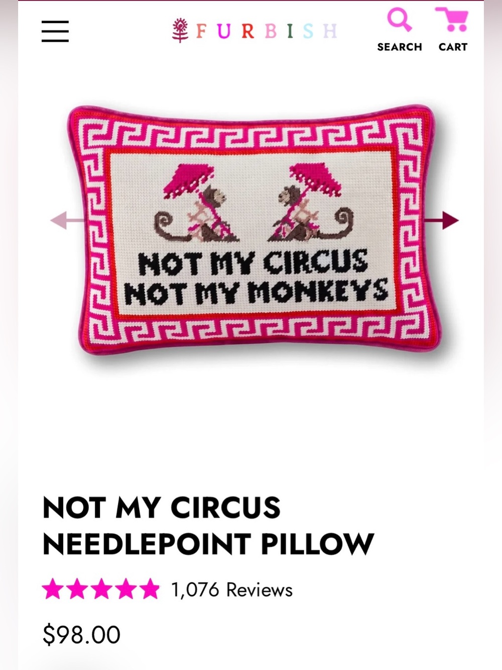 Pink 'Not My Circus, Not My Monkeys' Needlepoint Pillow